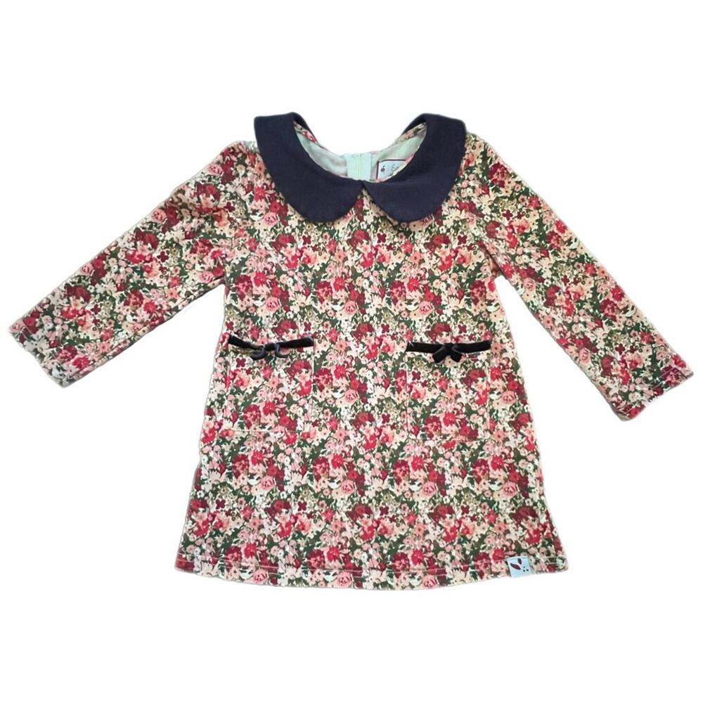 Sweet Honey Floral Long Sleeve Dress with Navy Collar -3T‎